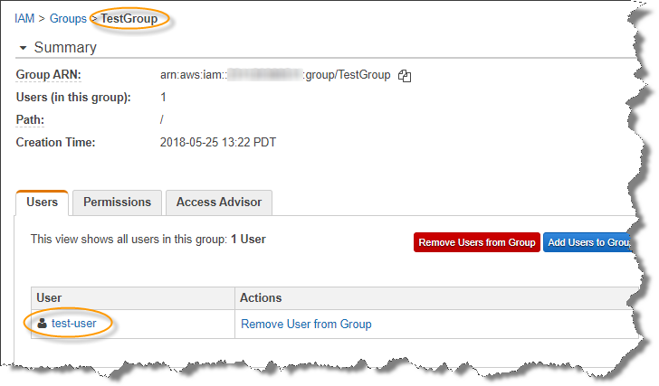 Console example of IAM User added to Group