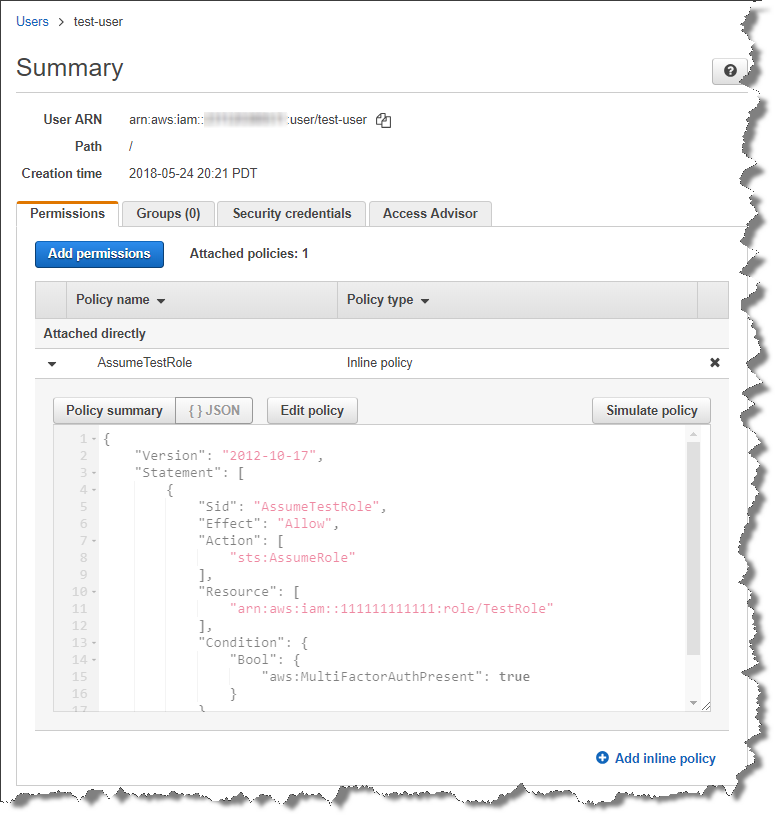 Console example of IAM user policy